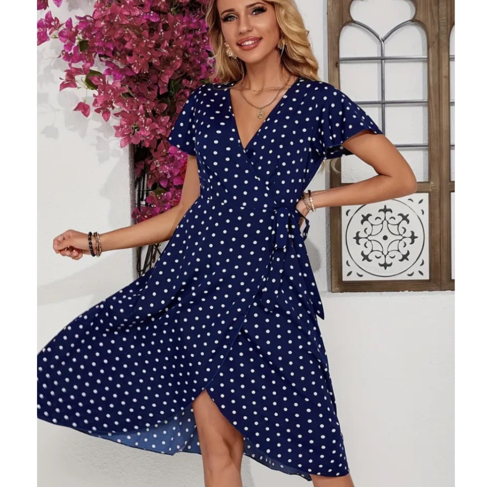 Women’s Navy Blue Polka Dot Wrap Dress in 2XL